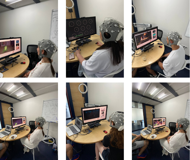 Six participants wearing an EEG cap and watching video content at eye-tracking workstations in the North AI lab